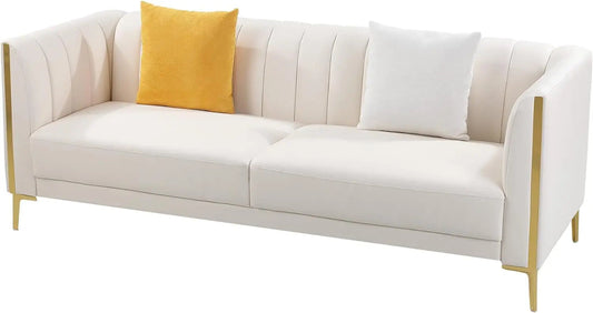 78'' Sofa, Modern White Couches for Living Room, Comfy, Faux Leather Sofa 3 Seater Sofa with 2 Throw Pillows and Gold Metal Legs - HOMELIVING
