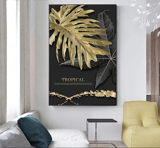 Black Gold Leaf Holiday Decor Abstract Canvas Painting Luxury Wall Art Picture for Bedroom Christmas Theme Tableaux Poster Print - HOMELIVING