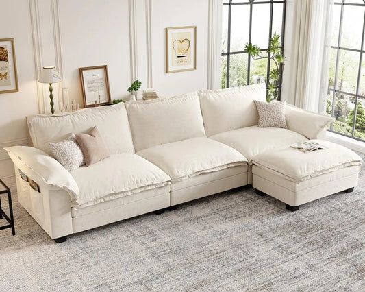 Modular Cloud Couch Sectional Sofa 123",  Deep 3-Seat L Shaped Sofas, Oversized Cloud Sectionals with Movable Ottoman, High Back - HOMELIVING