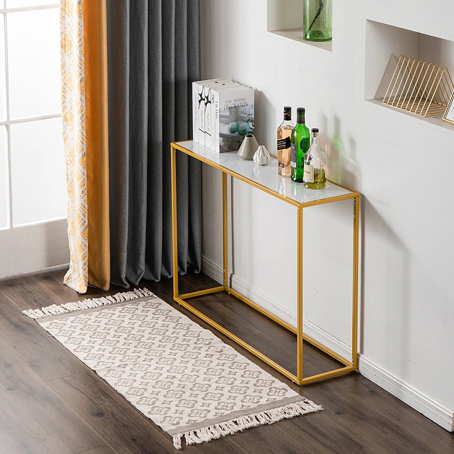 Sofa Side Table Minilalist Porch Console Table Marble Panel Metal Legs Rectangle 106x28x76CM White/Black[US-Stock] - HOMELIVING