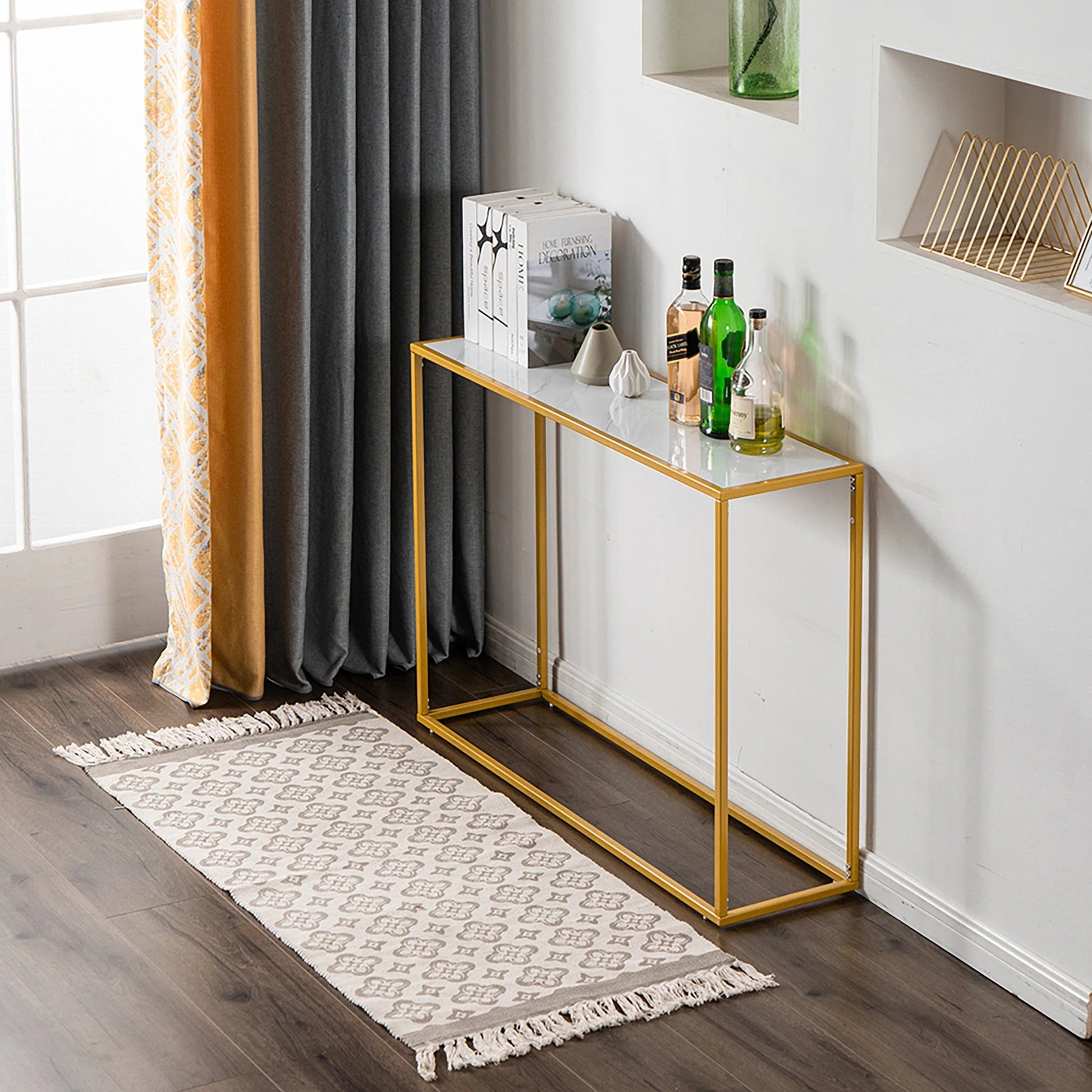 Sofa Side Table Minilalist Porch Console Table Marble Panel Metal Legs Rectangle 106x28x76CM White/Black[US-Stock] - HOMELIVING
