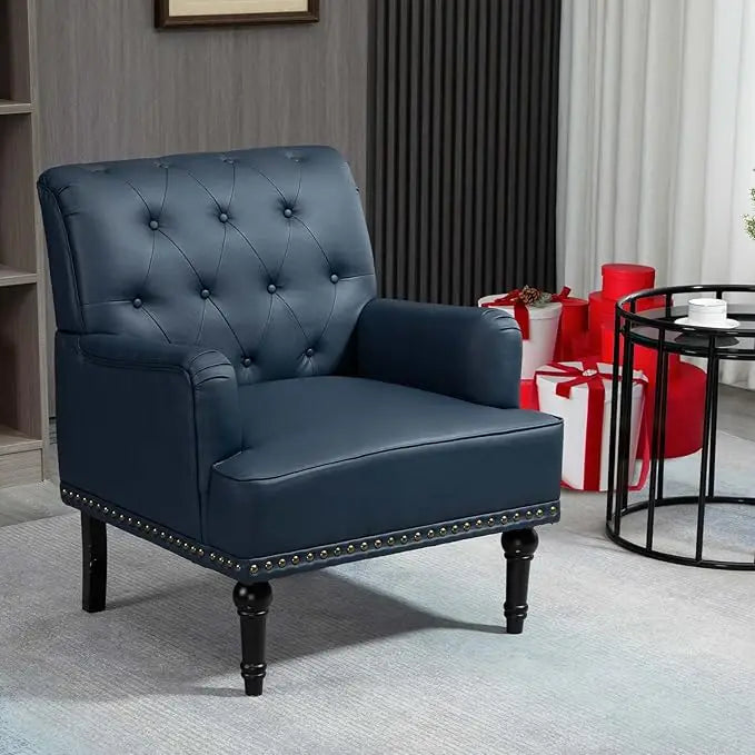 Mid-Century PU Leather Accent Chair, Living Room Sofa Chair with Black Rubber Wood Feet, Single Club Armchair with Rivet Trim - HOMELIVING