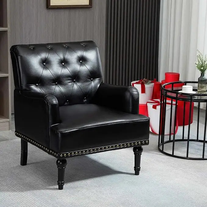 Mid-Century PU Leather Accent Chair, Living Room Sofa Chair with Black Rubber Wood Feet, Single Club Armchair with Rivet Trim - HOMELIVING