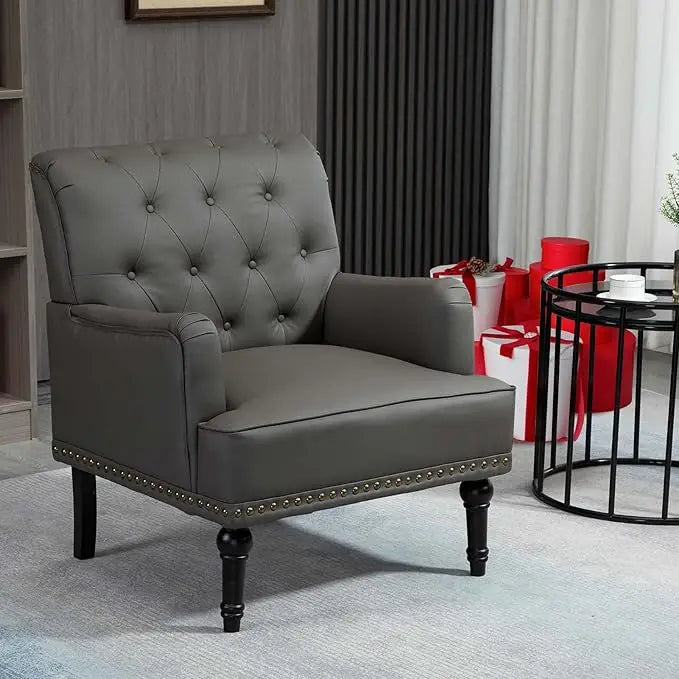 Mid-Century PU Leather Accent Chair, Living Room Sofa Chair with Black Rubber Wood Feet, Single Club Armchair with Rivet Trim - HOMELIVING