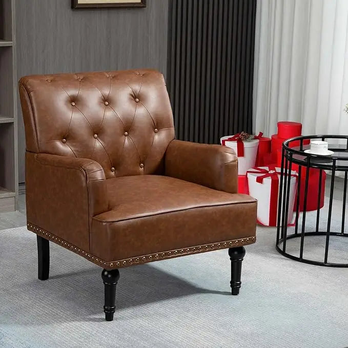 Mid-Century PU Leather Accent Chair, Living Room Sofa Chair with Black Rubber Wood Feet, Single Club Armchair with Rivet Trim - HOMELIVING