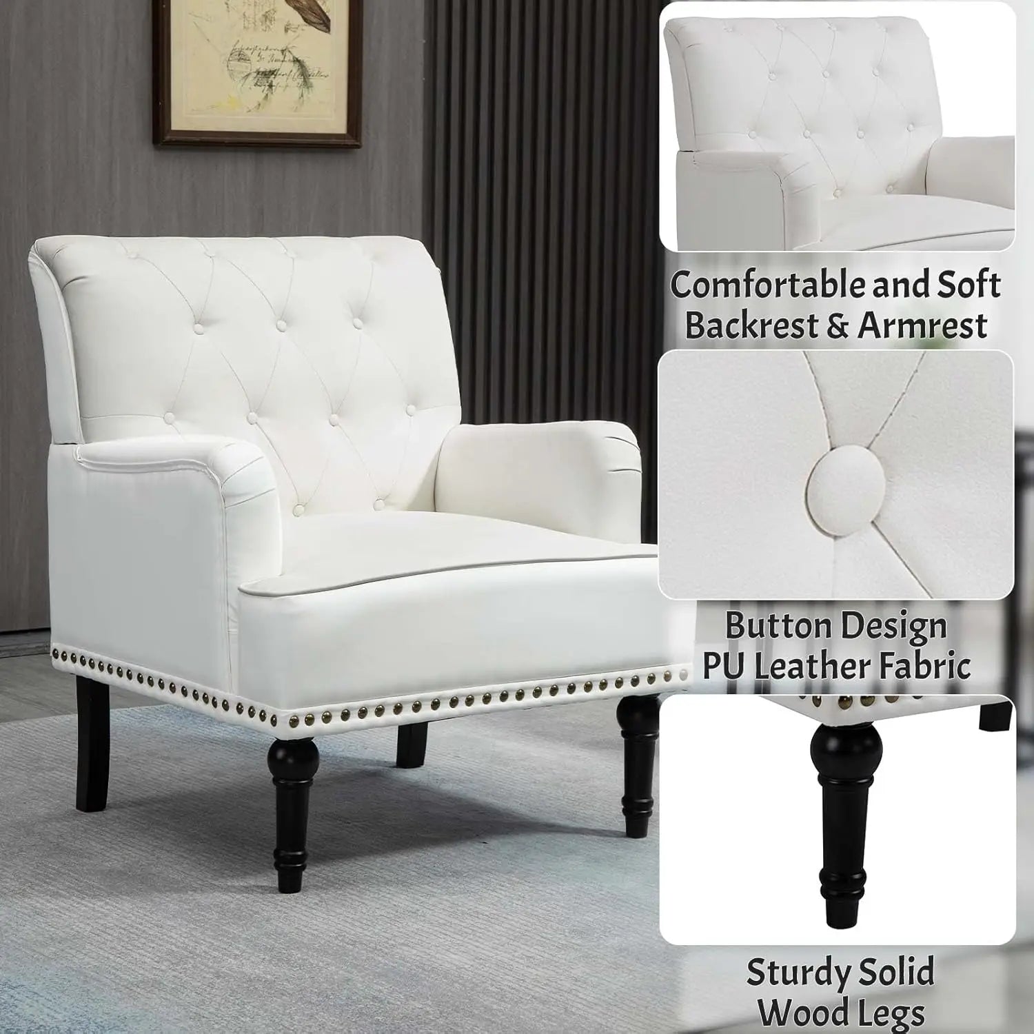 Mid-Century PU Leather Accent Chair, Living Room Sofa Chair with Black Rubber Wood Feet, Single Club Armchair with Rivet Trim - HOMELIVING