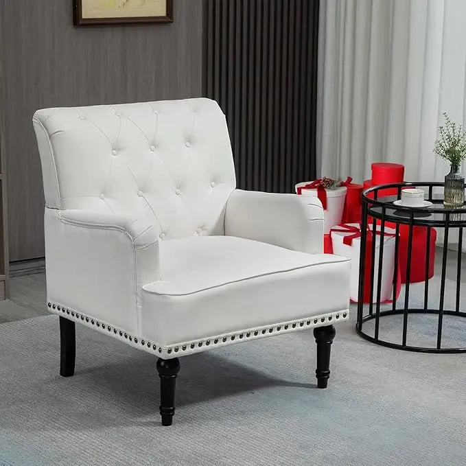 Mid-Century PU Leather Accent Chair, Living Room Sofa Chair with Black Rubber Wood Feet, Single Club Armchair with Rivet Trim - HOMELIVING
