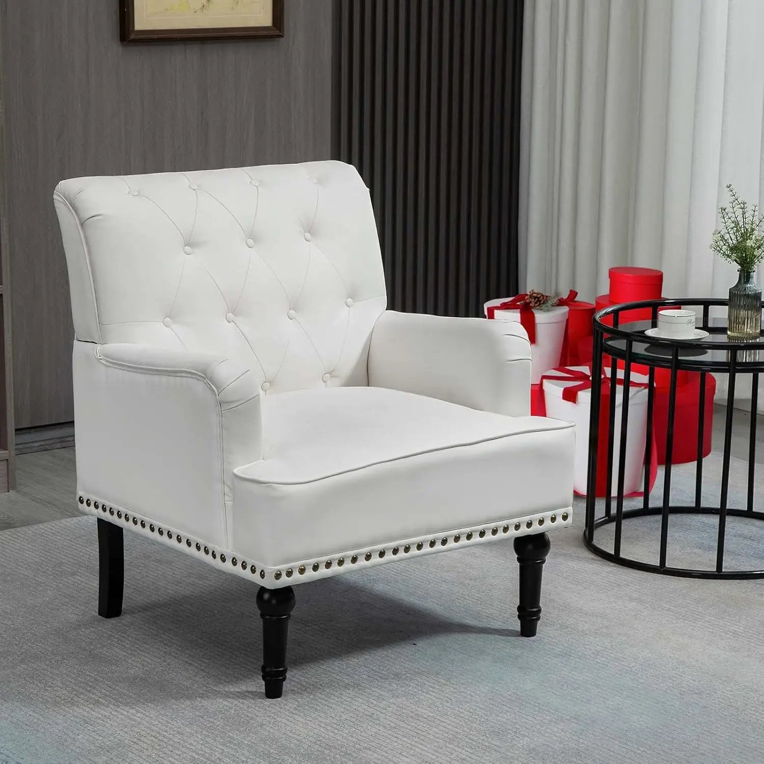 Mid-Century PU Leather Accent Chair, Living Room Sofa Chair with Black Rubber Wood Feet, Single Club Armchair with Rivet Trim - HOMELIVING