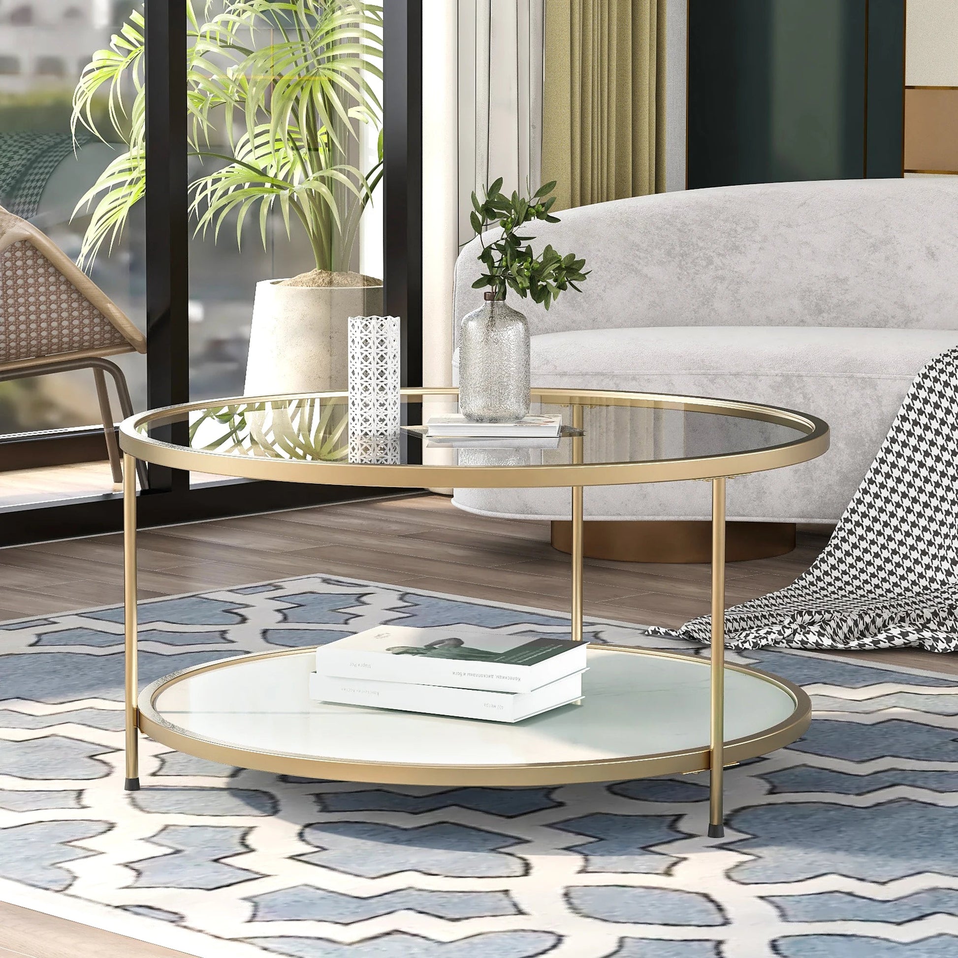 Modern Design Living Room 2-Tier Coffee Table 33.5" Cocktail Table, Metal with Stained White Tempered Glass - HOMELIVING