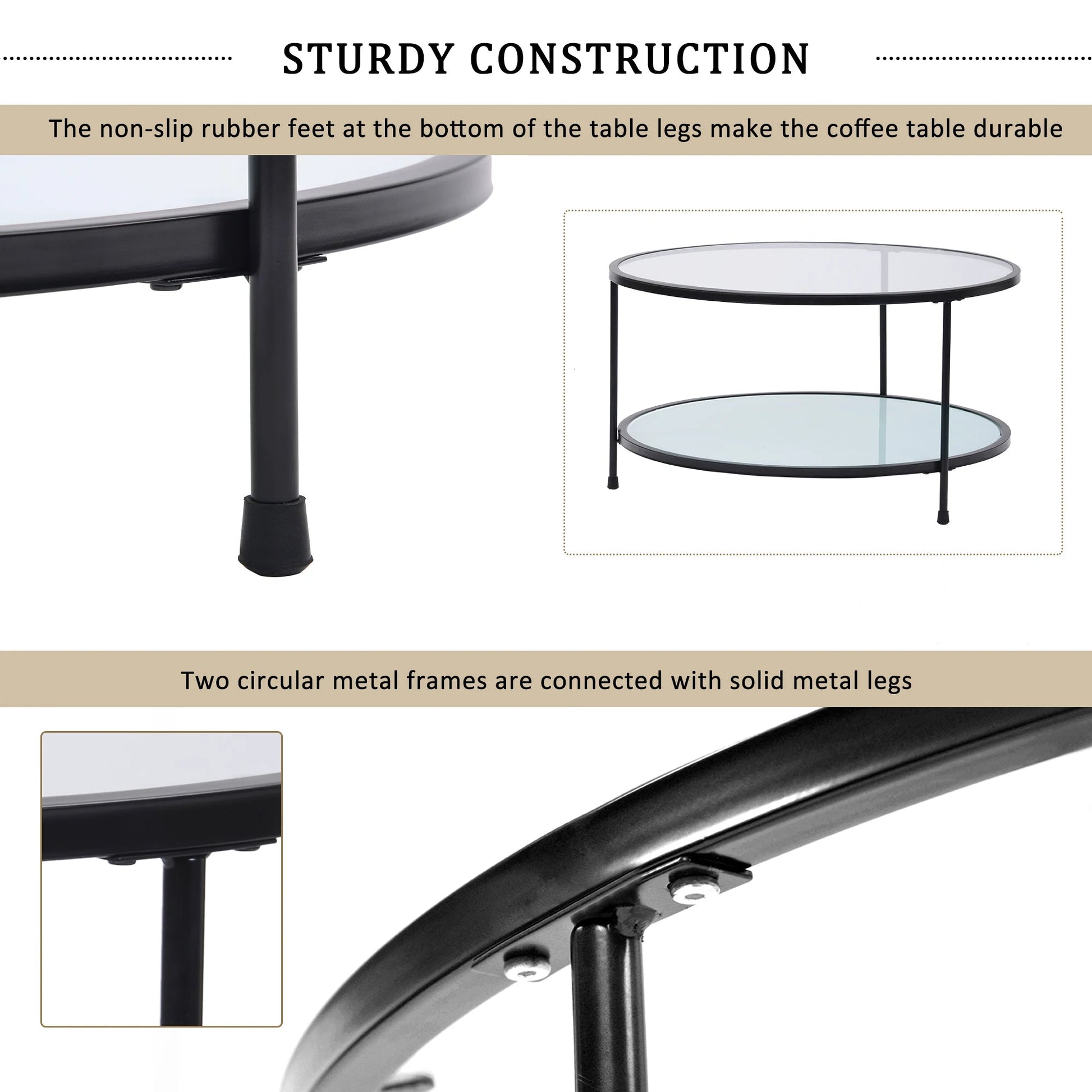 Modern Design Living Room 2-Tier Coffee Table 33.5" Cocktail Table, Metal with Stained White Tempered Glass - HOMELIVING