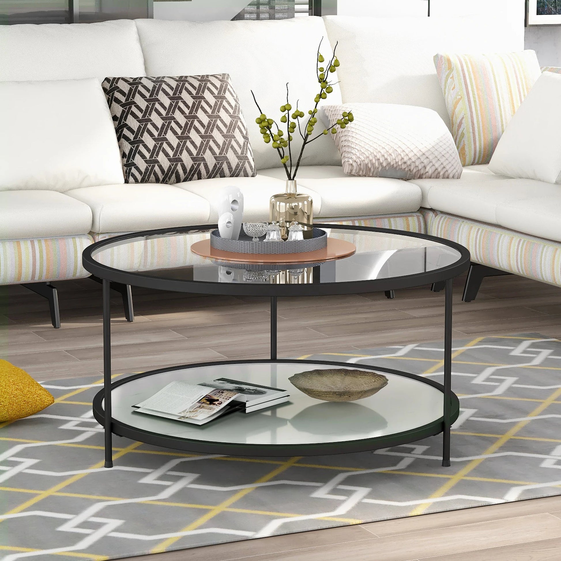 Modern Design Living Room 2-Tier Coffee Table 33.5" Cocktail Table, Metal with Stained White Tempered Glass - HOMELIVING