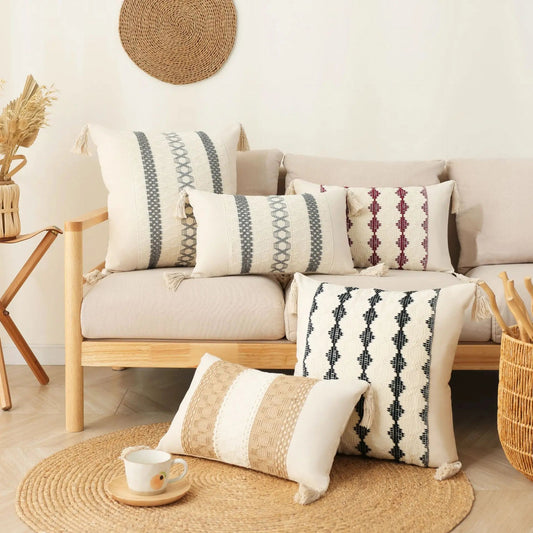 Boho Cotton & Linen Tassel Cushion Cover - Geometric Design