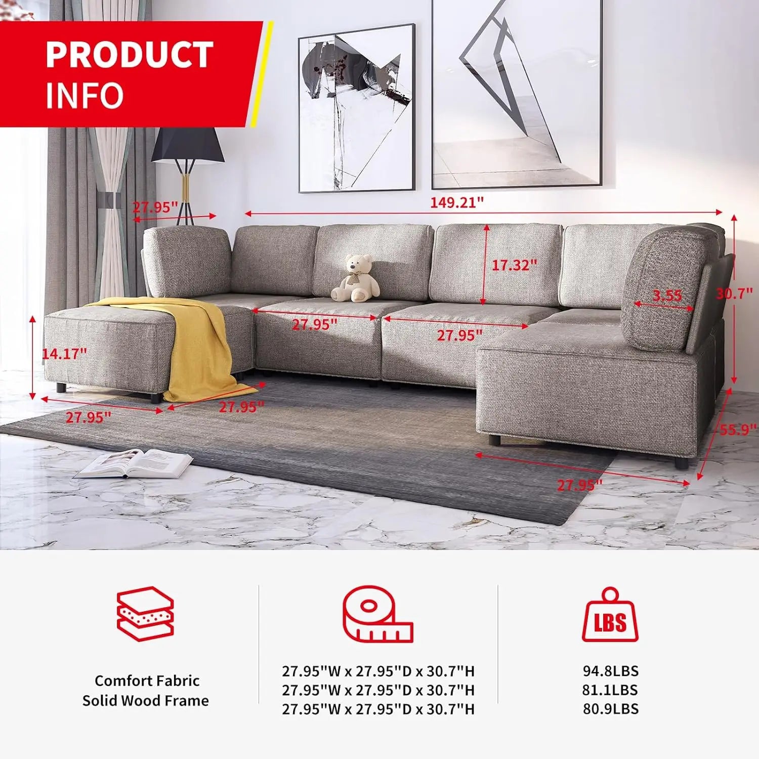 Modular Sectional Sofa with Chaise, Convertible Oversize Couch with Reversible Ottoman, Linen Free Combination Sleeper Sofa - HOMELIVING