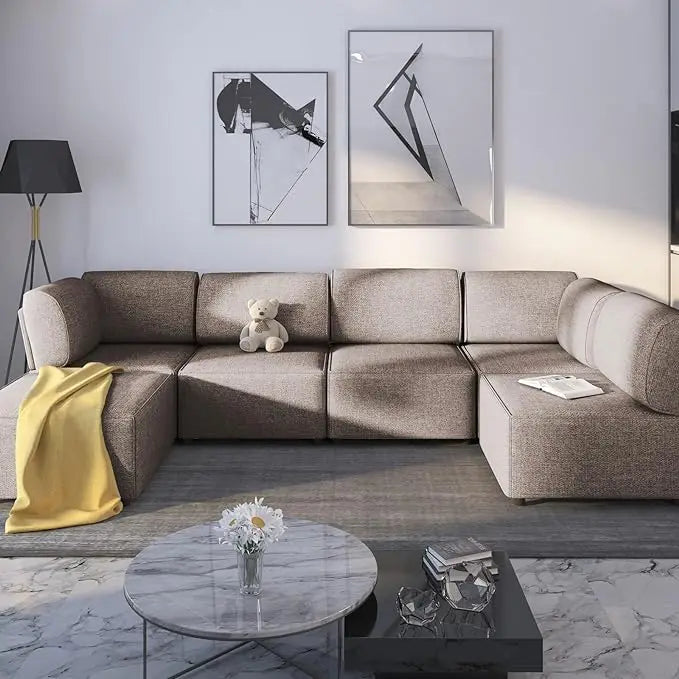 Modular Sectional Sofa with Chaise, Convertible Oversize Couch with Reversible Ottoman, Linen Free Combination Sleeper Sofa - HOMELIVING