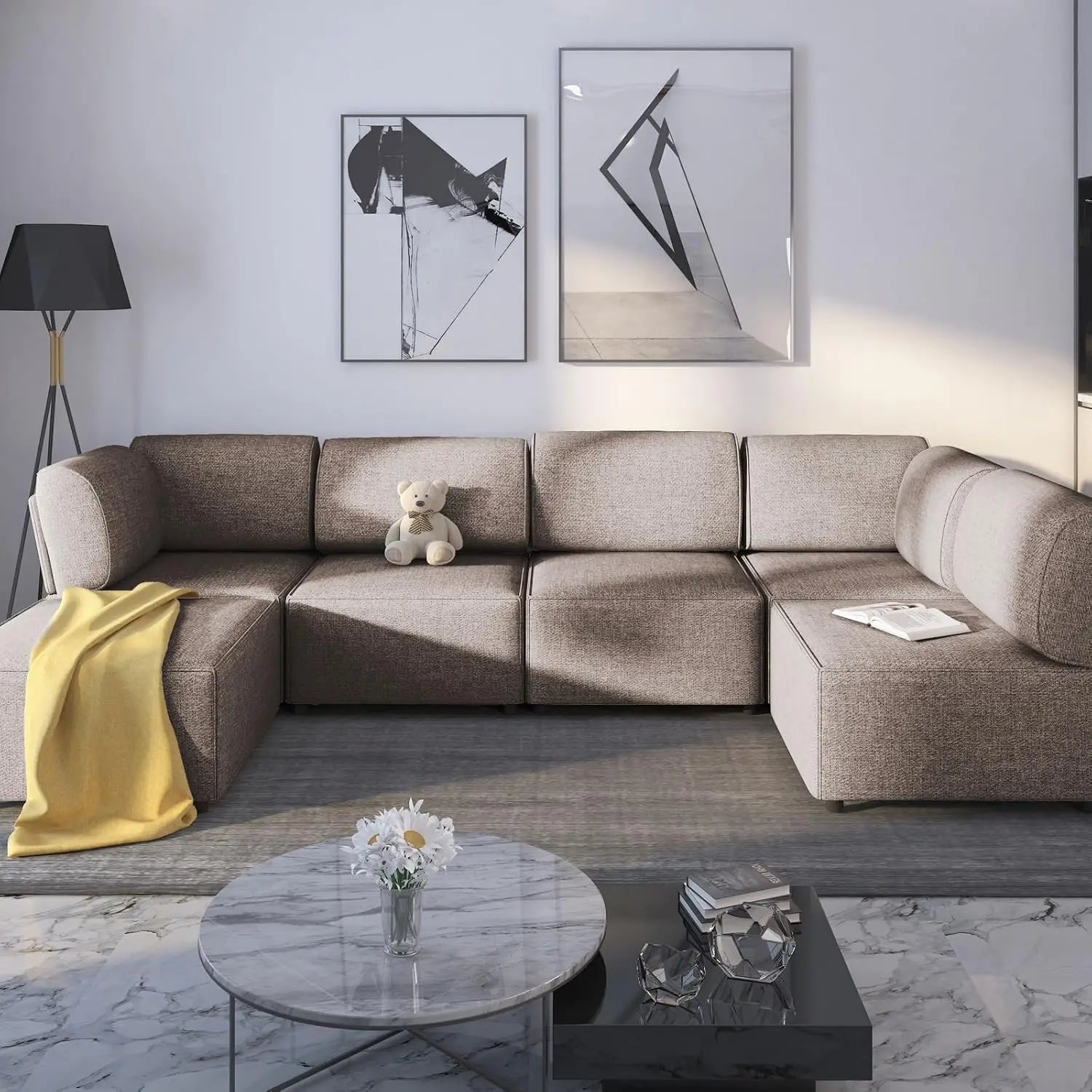 Modular Sectional Sofa with Chaise, Convertible Oversize Couch with Reversible Ottoman, Linen Free Combination Sleeper Sofa - HOMELIVING