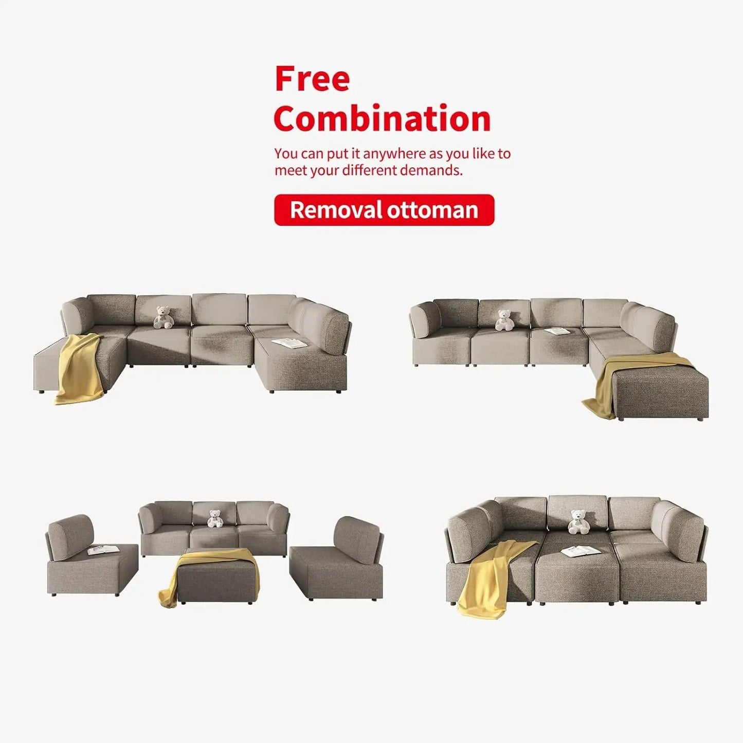 Modular Sectional Sofa with Chaise, Convertible Oversize Couch with Reversible Ottoman, Linen Free Combination Sleeper Sofa - HOMELIVING