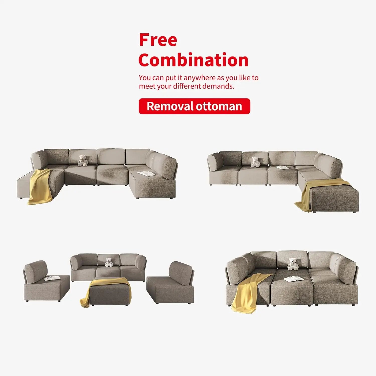 Modular Sectional Sofa with Chaise, Convertible Oversize Couch with Reversible Ottoman, Linen Free Combination Sleeper Sofa - HOMELIVING