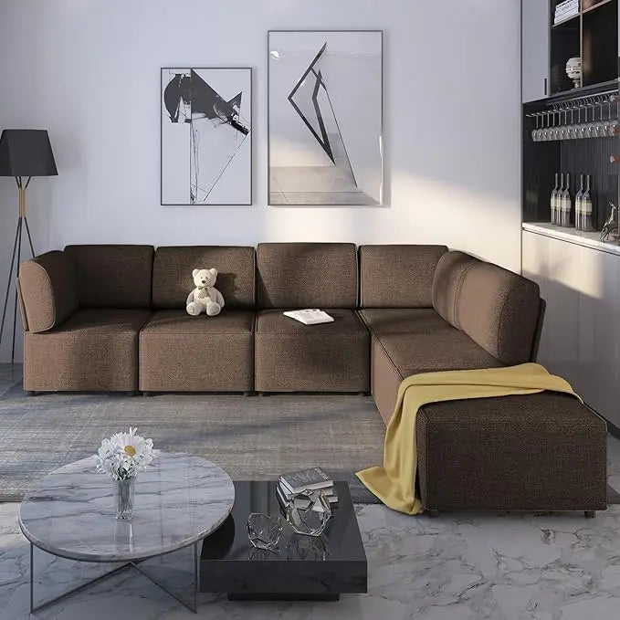 Modular Sectional Sofa with Chaise, Convertible Oversize Couch with Reversible Ottoman, Linen Free Combination Sleeper Sofa - HOMELIVING