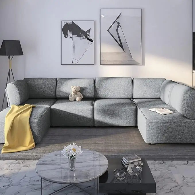 Modular Sectional Sofa with Chaise, Convertible Oversize Couch with Reversible Ottoman, Linen Free Combination Sleeper Sofa - HOMELIVING