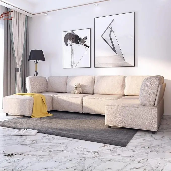 Modular Sectional Sofa with Chaise, Convertible Oversize Couch with Reversible Ottoman, Linen Free Combination Sleeper Sofa - HOMELIVING