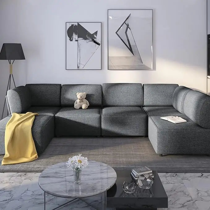 Modular Sectional Sofa with Chaise, Convertible Oversize Couch with Reversible Ottoman, Linen Free Combination Sleeper Sofa - HOMELIVING