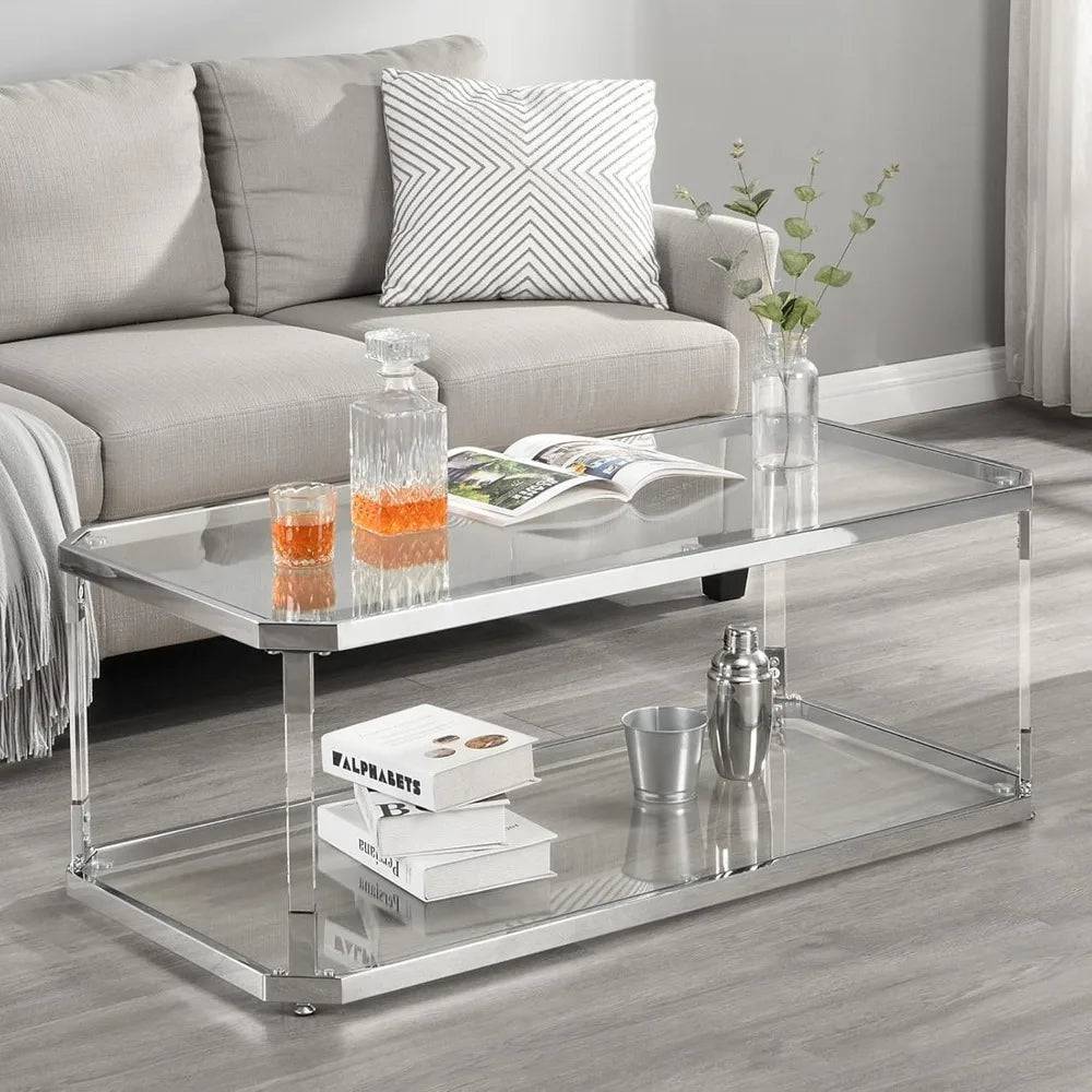 Glass Top Coffee Table, 44.1 “W, with 2 Tiers of Storage, Acrylic Legs, Chrome Frame, for Living Room, Center Table - HOMELIVING