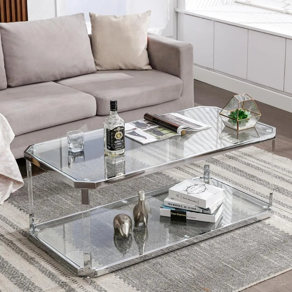 Glass Top Coffee Table, 44.1 “W, with 2 Tiers of Storage, Acrylic Legs, Chrome Frame, for Living Room, Center Table - HOMELIVING