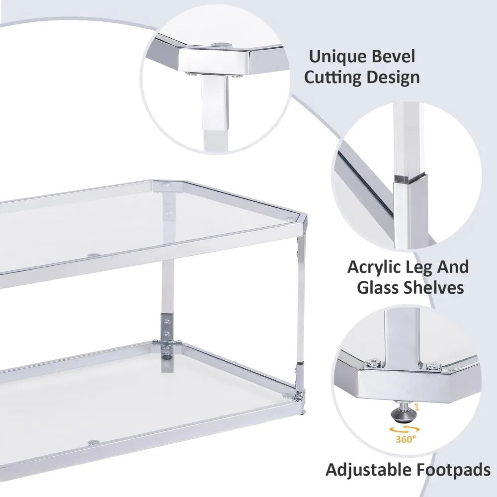 Glass Top Coffee Table, 44.1 “W, with 2 Tiers of Storage, Acrylic Legs, Chrome Frame, for Living Room, Center Table - HOMELIVING