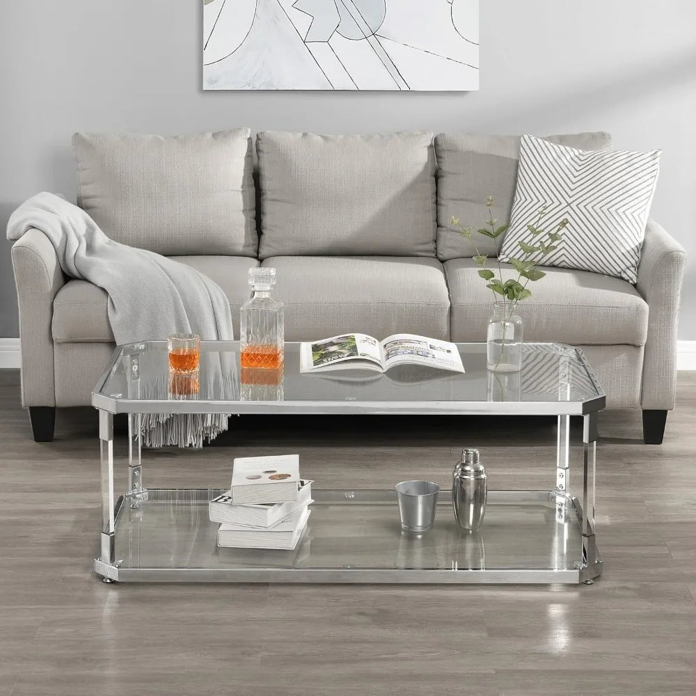 Glass Top Coffee Table, 44.1 “W, with 2 Tiers of Storage, Acrylic Legs, Chrome Frame, for Living Room, Center Table - HOMELIVING