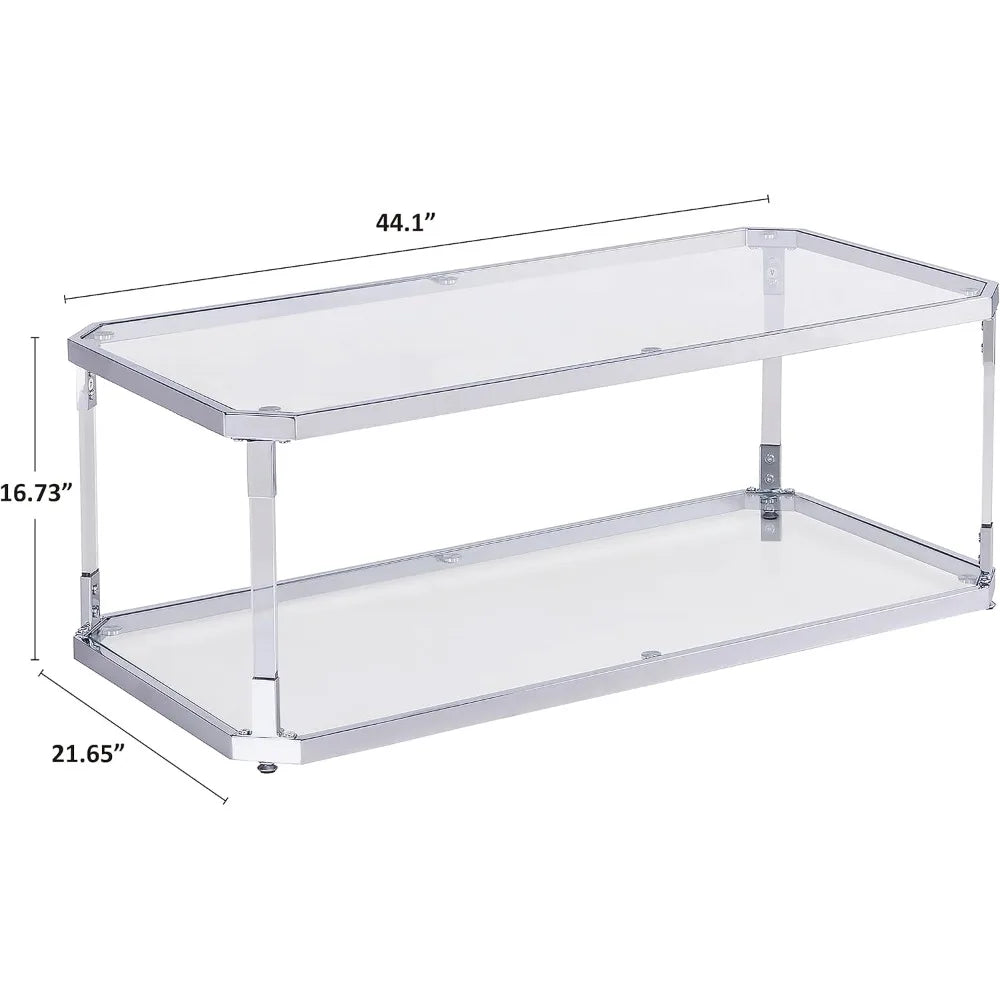 Glass Top Coffee Table, 44.1 “W, with 2 Tiers of Storage, Acrylic Legs, Chrome Frame, for Living Room, Center Table - HOMELIVING