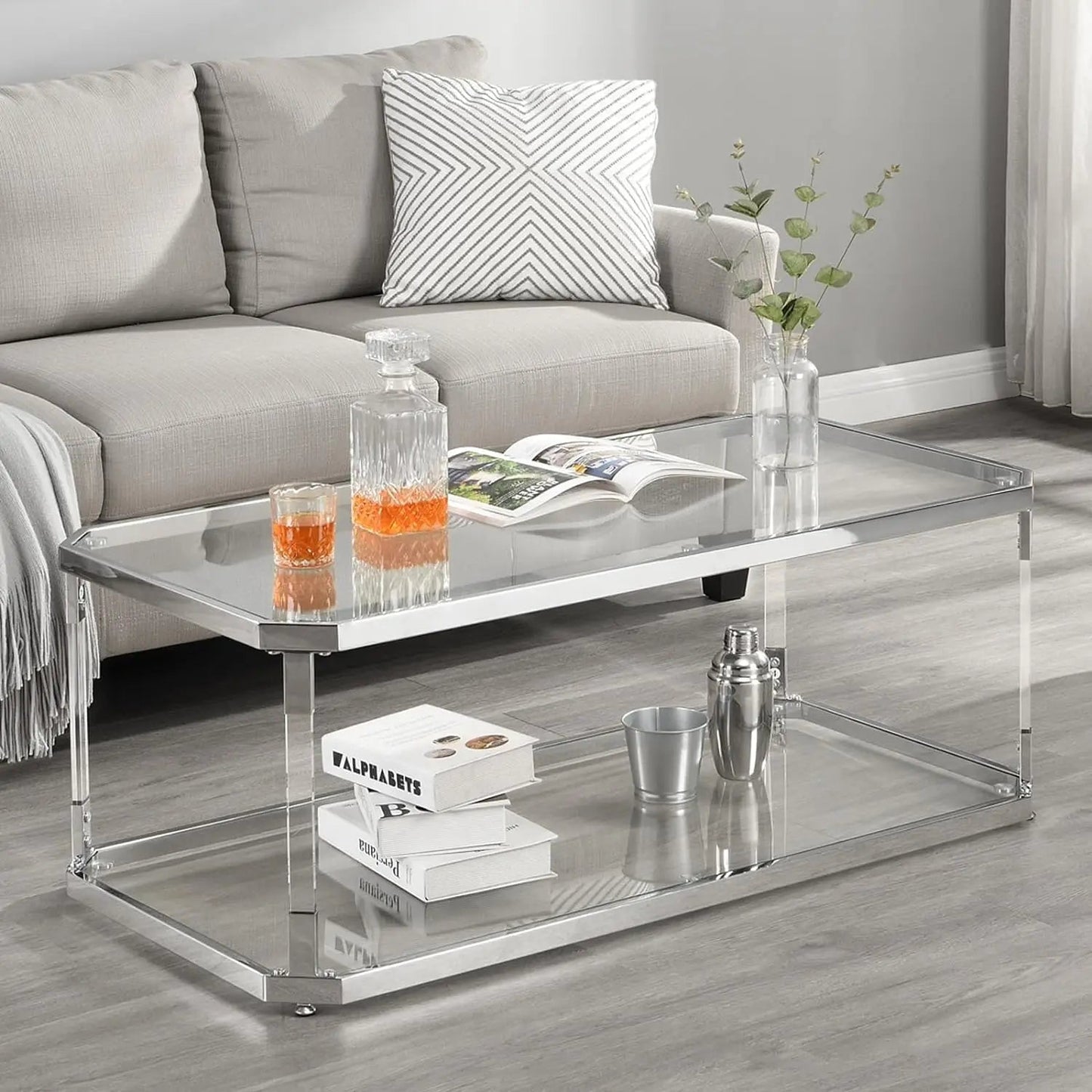Glass Top Coffee Table, 44.1 “W, with 2 Tiers of Storage, Acrylic Legs, Chrome Frame, for Living Room, Center Table - HOMELIVING