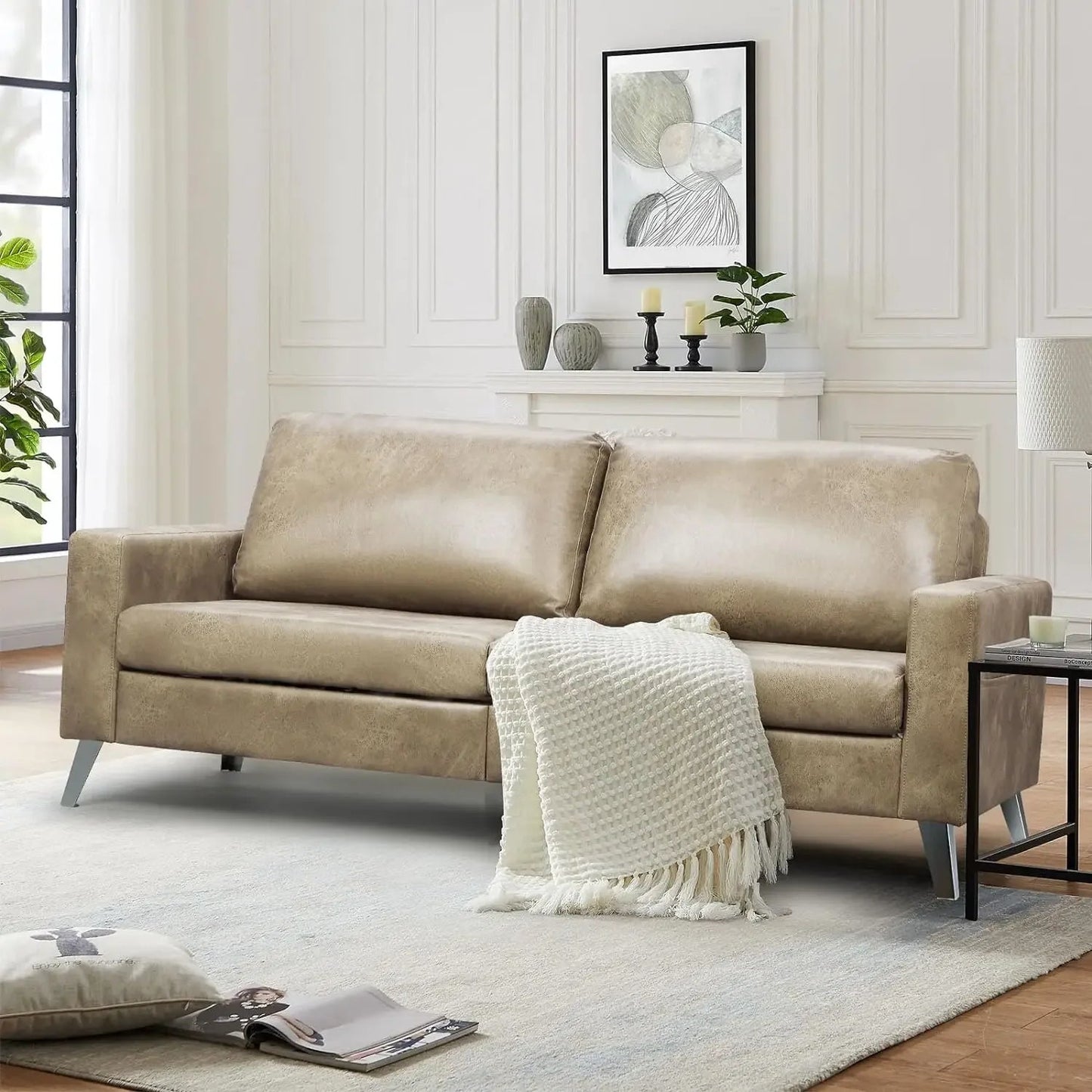 Leather Couch for Living Room, Small Brown Faux Leather Mid-Century Modern Couch Leather Sofas, 79" Wide Sofas & Couches - HOMELIVING