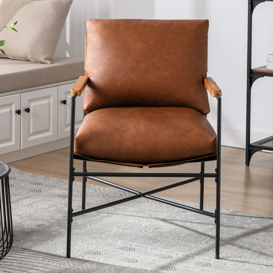 Metal Frame Linen Accent /Faux Leather Chair with Thick Padded Backrest and Seat Cushion for Living Room Bedroom - HOMELIVING