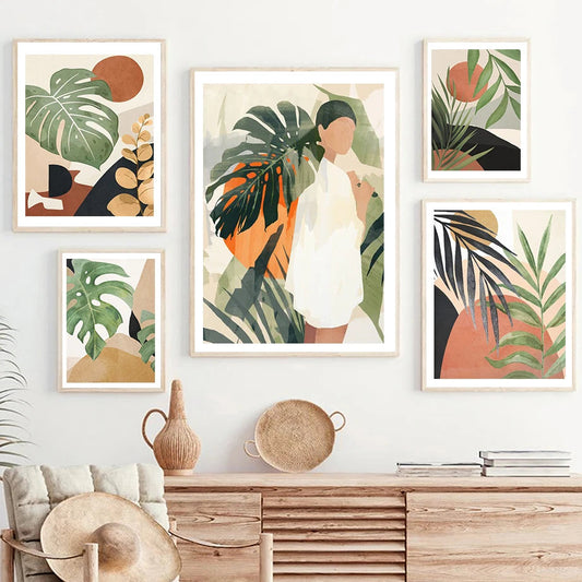 Abstract Monstera Sun Woman Plant Boho Posters Wall Art Pictures Nordic Living Room Decor Prints Canvas Painting - HOMELIVING