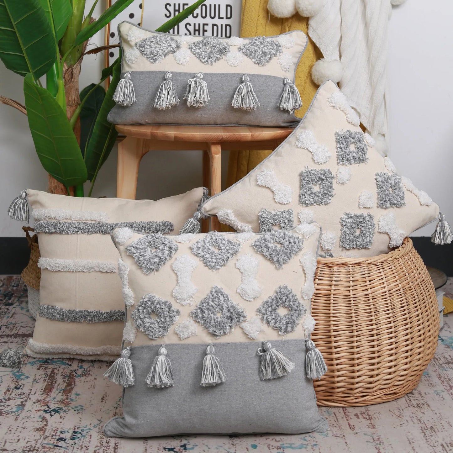 Tufted Boho Cushion Cover with Tassels - 45x45cm