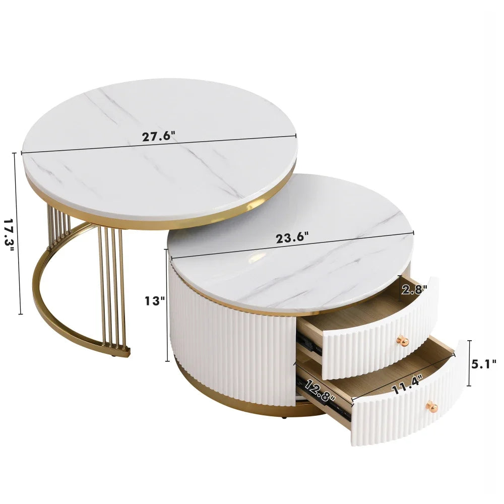 Café Tables, Modern 2 Piece White Round Nested Coffee Table with Drawers - HOMELIVING
