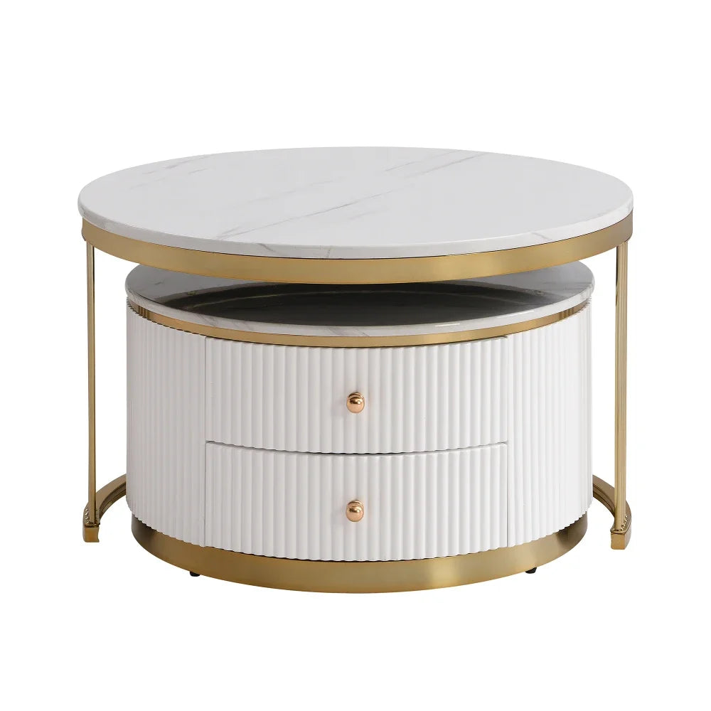 Café Tables, Modern 2 Piece White Round Nested Coffee Table with Drawers - HOMELIVING