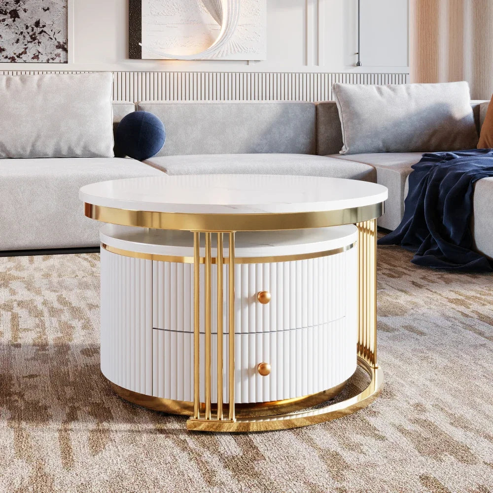 Café Tables, Modern 2 Piece White Round Nested Coffee Table with Drawers - HOMELIVING