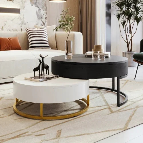 Café Tables, Modern 2 Piece White Round Nested Coffee Table with Drawers - HOMELIVING