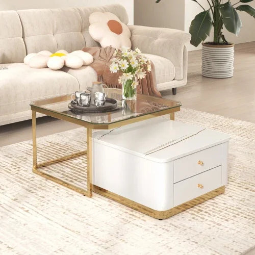 Café Tables, Modern 2 Piece White Round Nested Coffee Table with Drawers - HOMELIVING