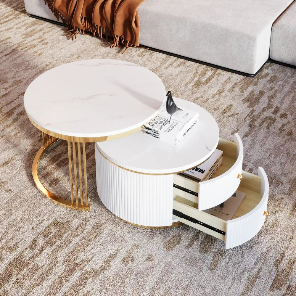 Café Tables, Modern 2 Piece White Round Nested Coffee Table with Drawers - HOMELIVING