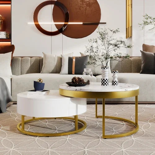 Café Tables, Modern 2 Piece White Round Nested Coffee Table with Drawers - HOMELIVING