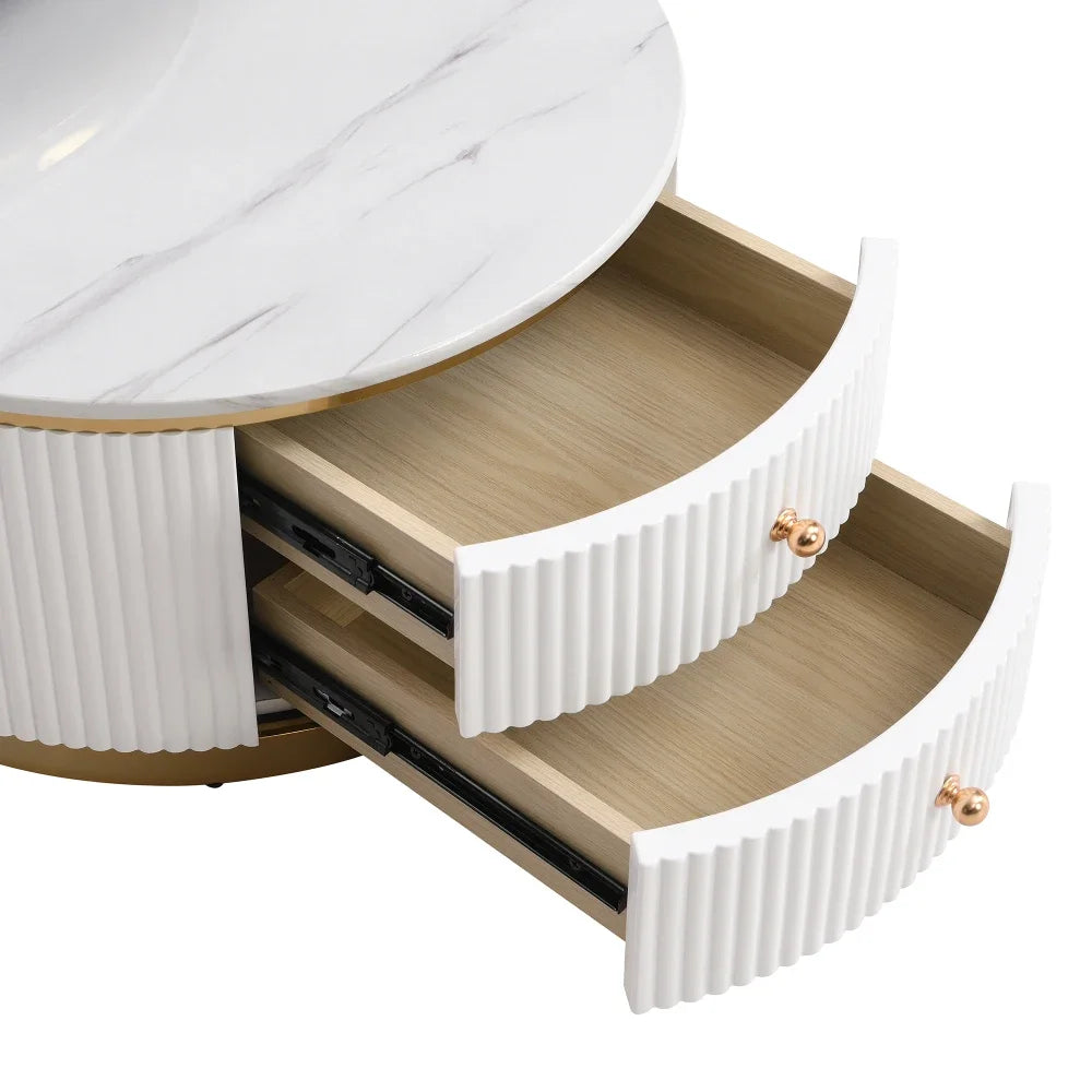 Café Tables, Modern 2 Piece White Round Nested Coffee Table with Drawers - HOMELIVING