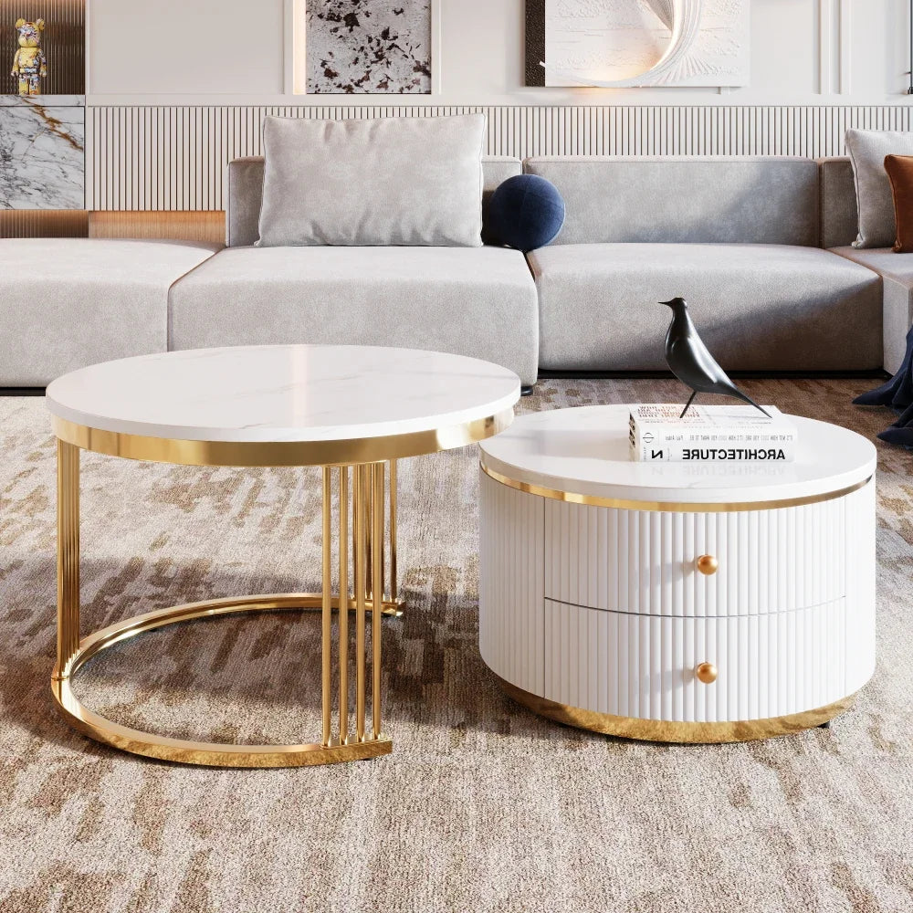 Café Tables, Modern 2 Piece White Round Nested Coffee Table with Drawers - HOMELIVING