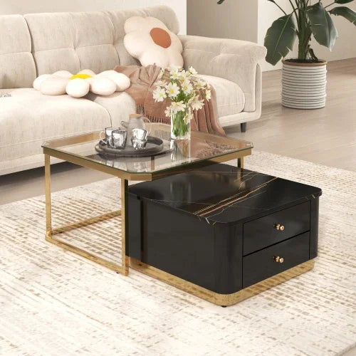Café Tables, Modern 2 Piece White Round Nested Coffee Table with Drawers - HOMELIVING