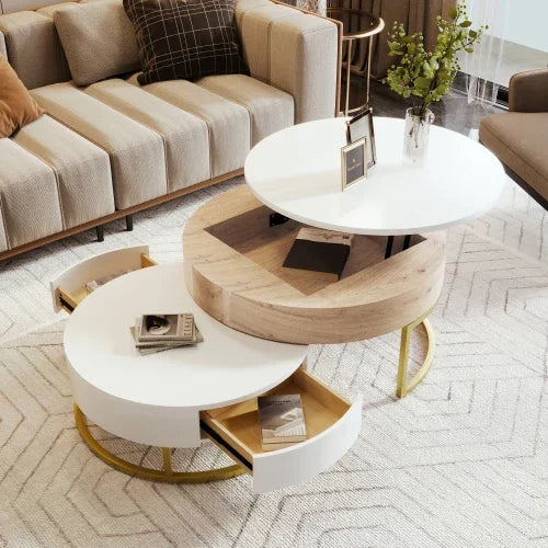 Café Tables, Modern 2 Piece White Round Nested Coffee Table with Drawers - HOMELIVING