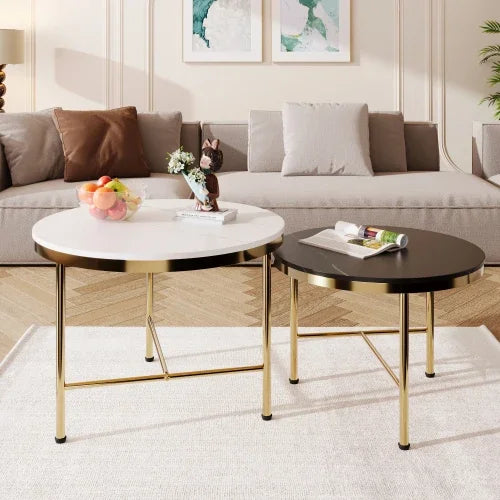 Café Tables, Modern 2 Piece White Round Nested Coffee Table with Drawers - HOMELIVING