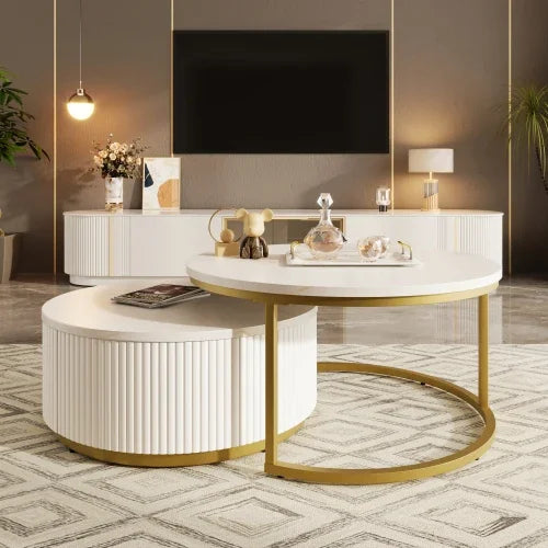 Café Tables, Modern 2 Piece White Round Nested Coffee Table with Drawers - HOMELIVING