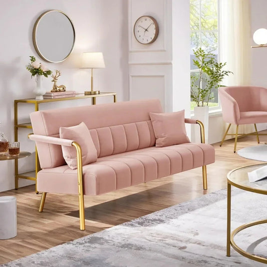 56.6″W Modern Loveseat 2 Seater Sofa Luxurious Velvet Fabric Couch Futon with Gold-Tone Metal Arms and Legs Sofa - HOMELIVING