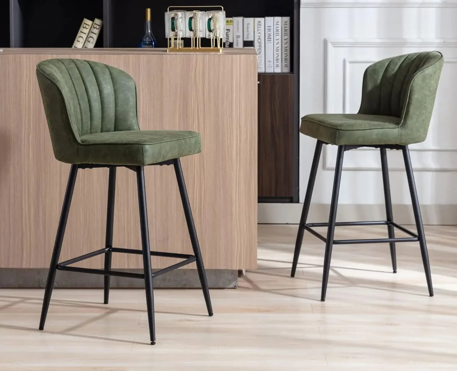 Counter Height Bar Stools Set of 2 Modern Bars Chairs with Back Leather Upholstered Bar stools Comfortable Island Chair - HOMELIVING